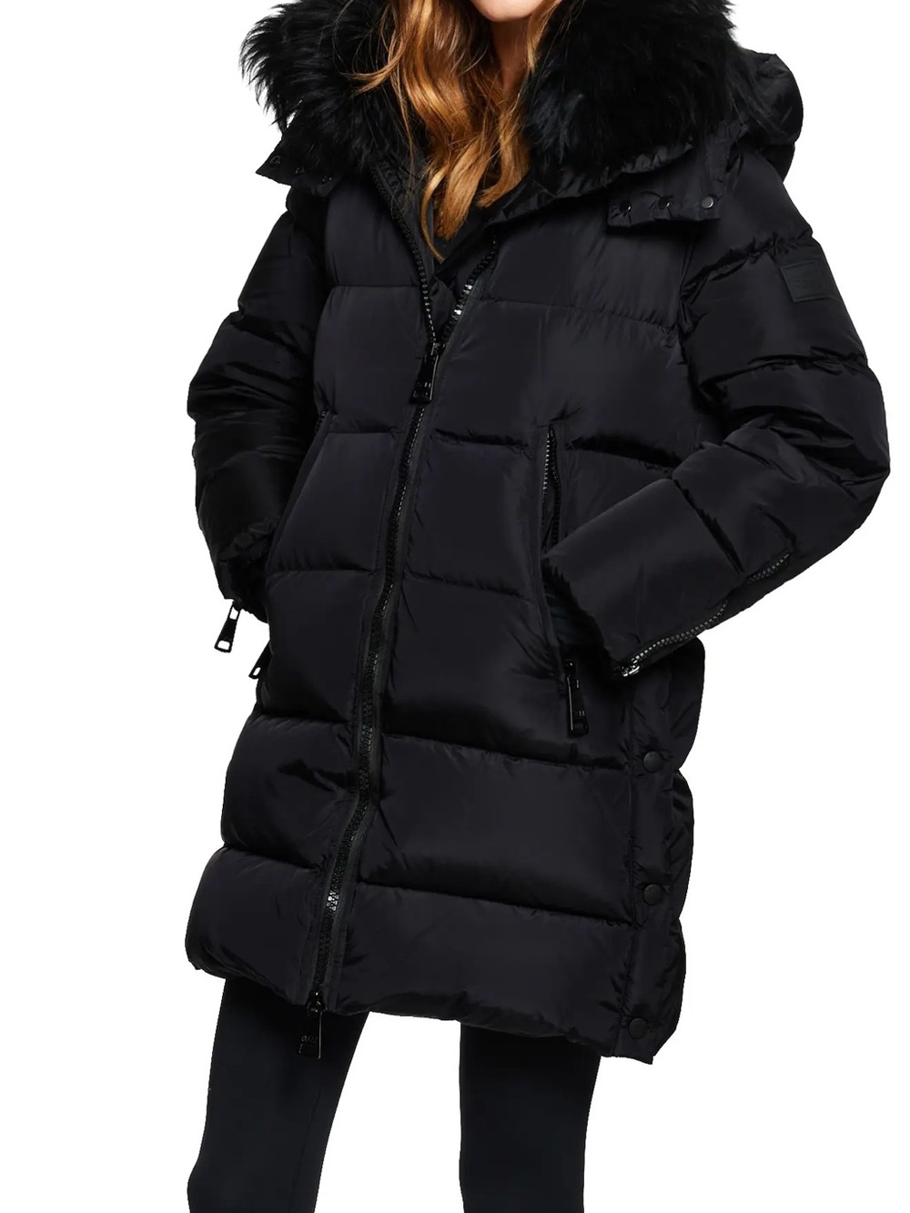 SAM. Addison Black Long Puffer Coat with Faux Fur Hood